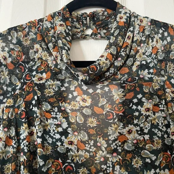 Free People All Dolled Up Floral Green Sheer High Neck Long Sleeve Mesh size L - Picture 6 of 10